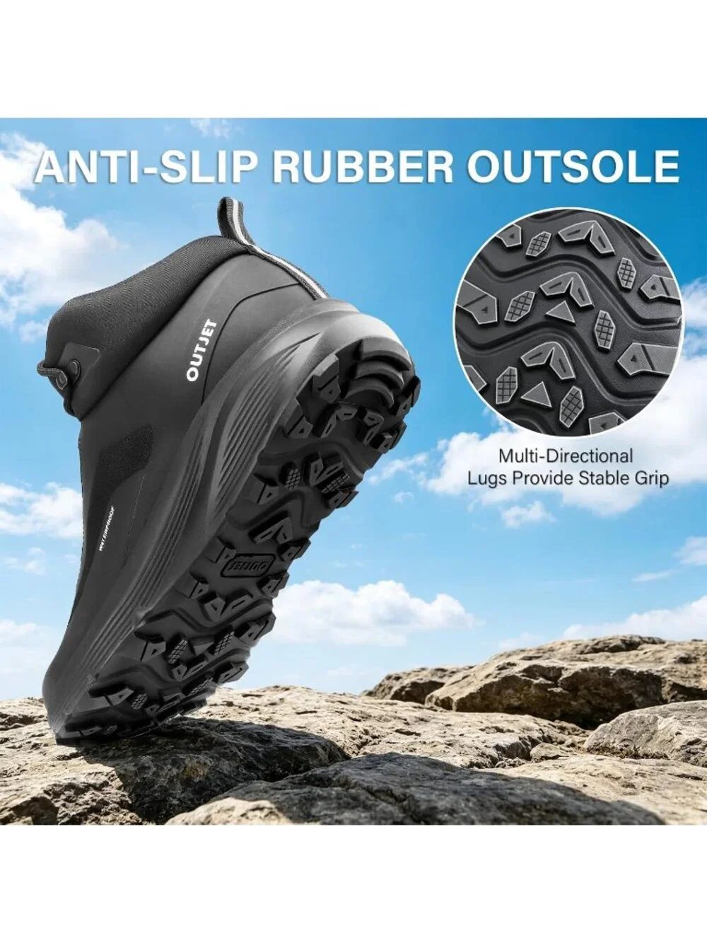 Men's Black Waterproof Shoes Casual Solid Mid Top Cap Toe Non Slip Hiking Boots